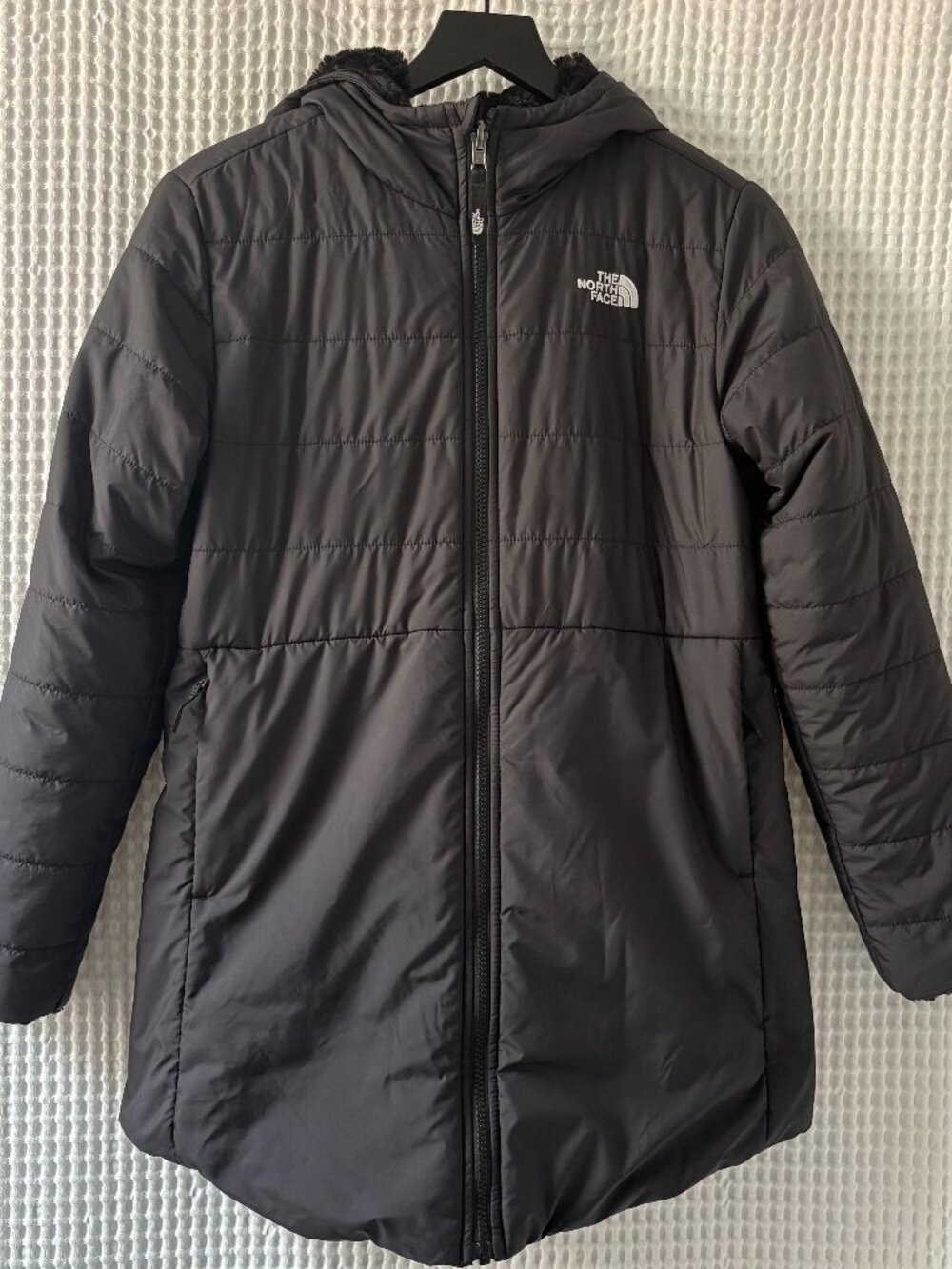 The North Face Girl's Mossybud Black Hooded Reversible Parka Coat Jacket XL/18